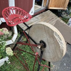 Antique Vintage Grinding Stone Wheel With Cast Iron Tractor Seat