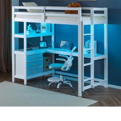VINGLI Twin Loft Bed with L-Shaped Desk and 3 Storage Drawers, Solid Wood Single Bunk Gamer Bed with RGB LED Light Underneath,2 Charging Stations, 