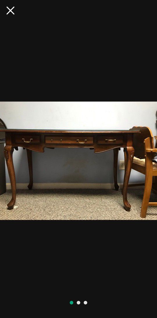 Pretty Queen Anne Style Desk With Glass Top and Chair