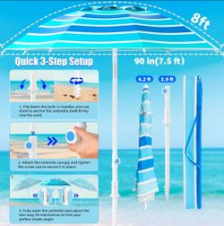 8FT. Large Beach Umbrella with Heavy Duty Sand Anchor & Tilt Sun Shelter, UPF50+ UV Protection, Wind Resistance, Waterproof Canopy, Portable for Beach