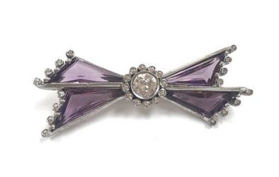 Vintage Sterling Silver Bow Pin/Brooch With Purple Amethyst And Cubic Zirconia!