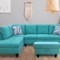 🥳♦️PRICE REDUCED♦️  Turquoise Sectional Sofa Set w/ Ottoman (Right or Left Chaise)🔥Clearance🔥Save$120 👍90 days FREE FINANCING ❗NO CREDIT CHECK❗ 