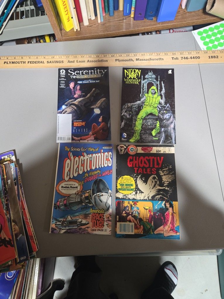 four comics: "Serenity," "Neon Joe, Werewolf Hunter," "Electronics," and "Ghostly Tales."