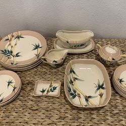 1940’s Vintage Classic CA Artist Weil Ware Pink Bamboo Hand Painted Pottery Set - collectibles Simi