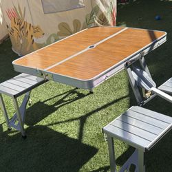Kids Camping Aluminum Alloy Outdoor Dining Table And Chairs Wood Grain Top
