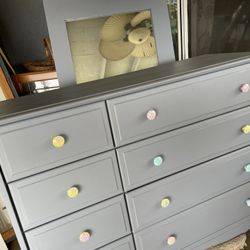 Gray Dresser wood - 8 drawers 49.5 inches wide/. 36 inches high /. 17.5 inches with mirror