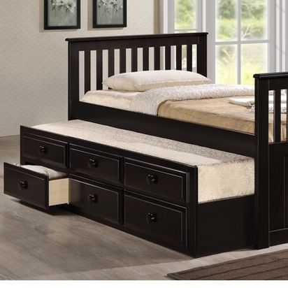Twin Bed Frame With Trundle And Drawers In Cappuccino Or White Finish