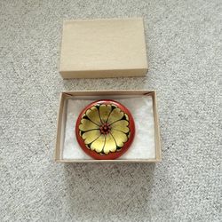 Vintage Russian Wood Hand-Painted Brooch. Khokhloma Style Red Lacquer Pin. Soviet Era Folk Art Jewelry. New. Still in original gift box. 2” diameter. 