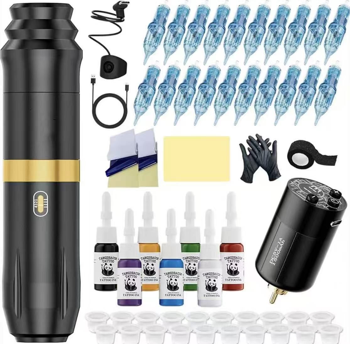 Tattoo Gun Kit with Wireless Rotary Tattoo Machine, 1500mAh Battery, 20 Tattoo Cartridge Needles, 7 Tattoo Inks, Tattoo pen for Beginners and Professi