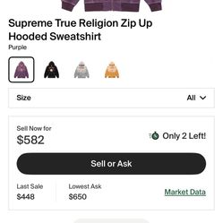 Supreme Collaboration w/ True Religion Purple Zip up hooded sweatshirt Limited edition
