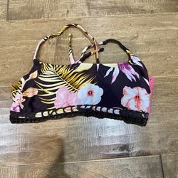 Xhilaration Women’s Crochet Floral Print Bikini Top Brown & Pink Size Small NWT