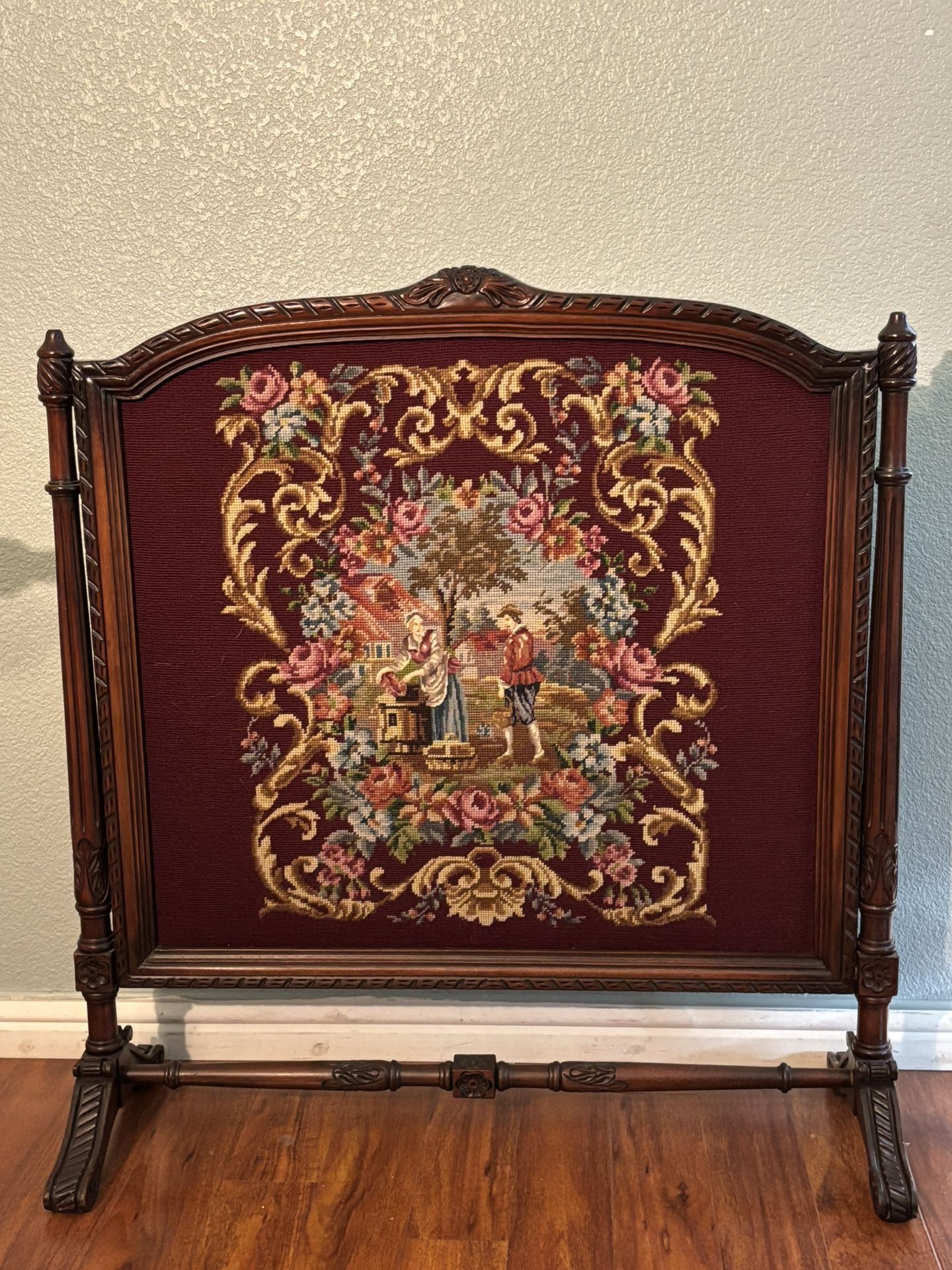 Exquisite Vintage Needlepoint Fireplace Screen