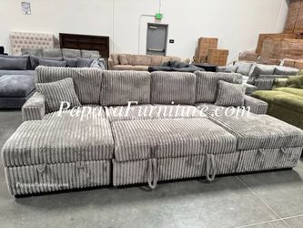 NEW Large U Shape Sectional with TWO STORAGE CHAISE Pullout Sleeper Bed Convertible Grey Fabric Tan Brown Convertible Double Storage Chaise Sofa Bed
