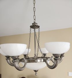 Genuine Alabaster Chandelier Ceiling Light Fixture Pewter 6-Light Bowl Dome Shades
