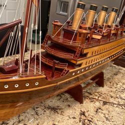 Steam Ship Wood Model on Display Stand