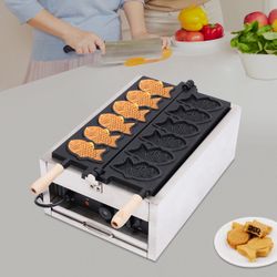Fish Waffle Maker, Commercial Baker with 6 Fish-Shaped Molds, Double-sided Heating Stainless Steel Nonstick Waffle Maker Machine for Home & Restaurant