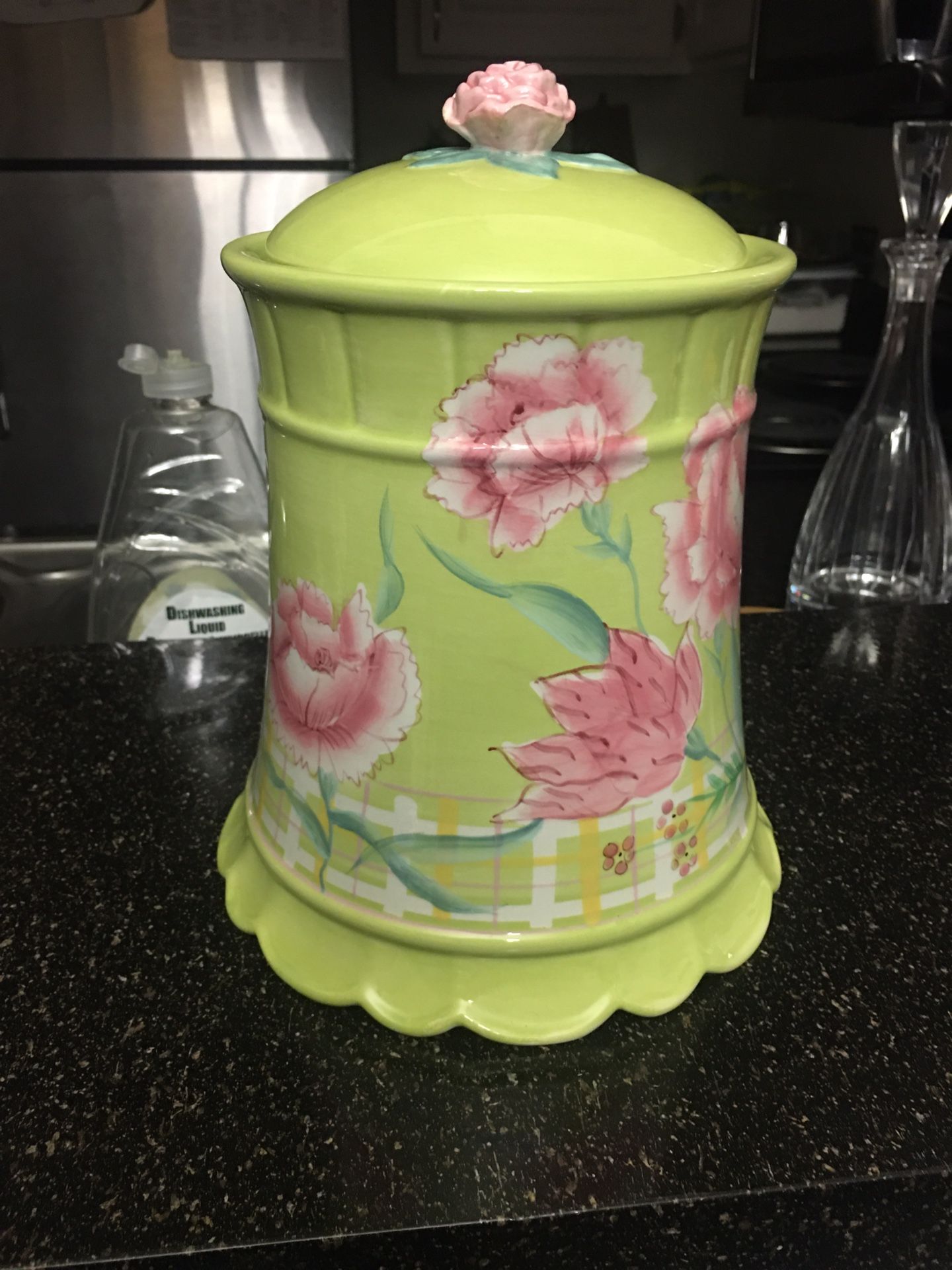 Green & pink flower cookie jar