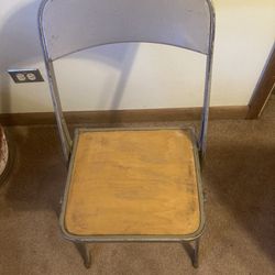 Vintage Folding Metal Chairs With Wood Seat