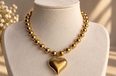 Gold-Tone Beaded Necklace with Heart Pendant
