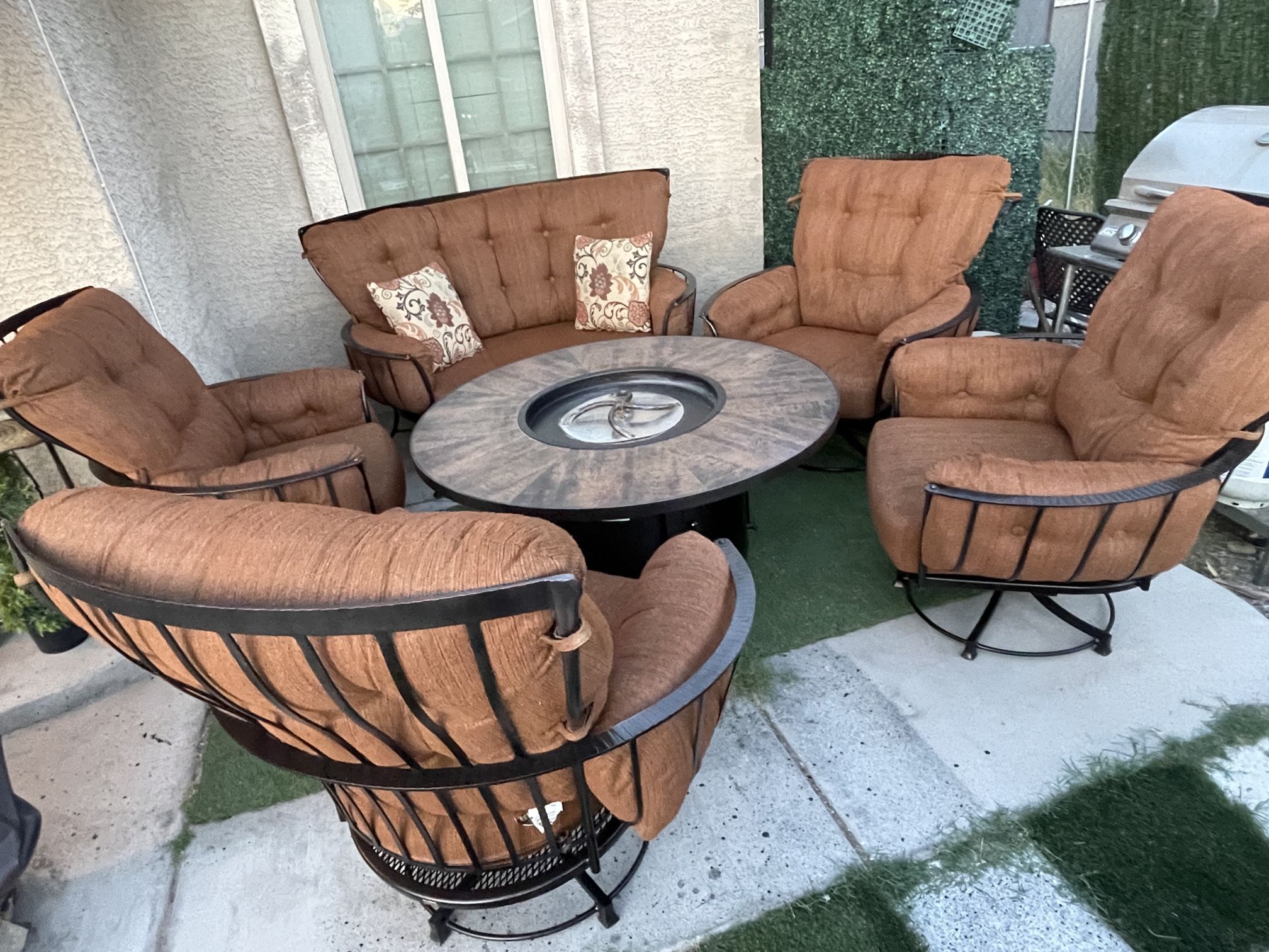 Patio, Ow Lee Monterra, Outdoor Furniture, Love Seat, 4 Rocking And Swivel Chairs, Cushions. B Fire Pit Santorini.