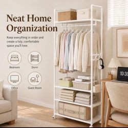 White Rolling Clothes Rack With Wheels, Stylish & Easy-To-Assemble Multi-Tier Garment Rack With Shelves, Hanging Rod & Side Hooks For Bedroom