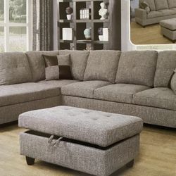 Grey Linen Sectional Couch And Ottoman