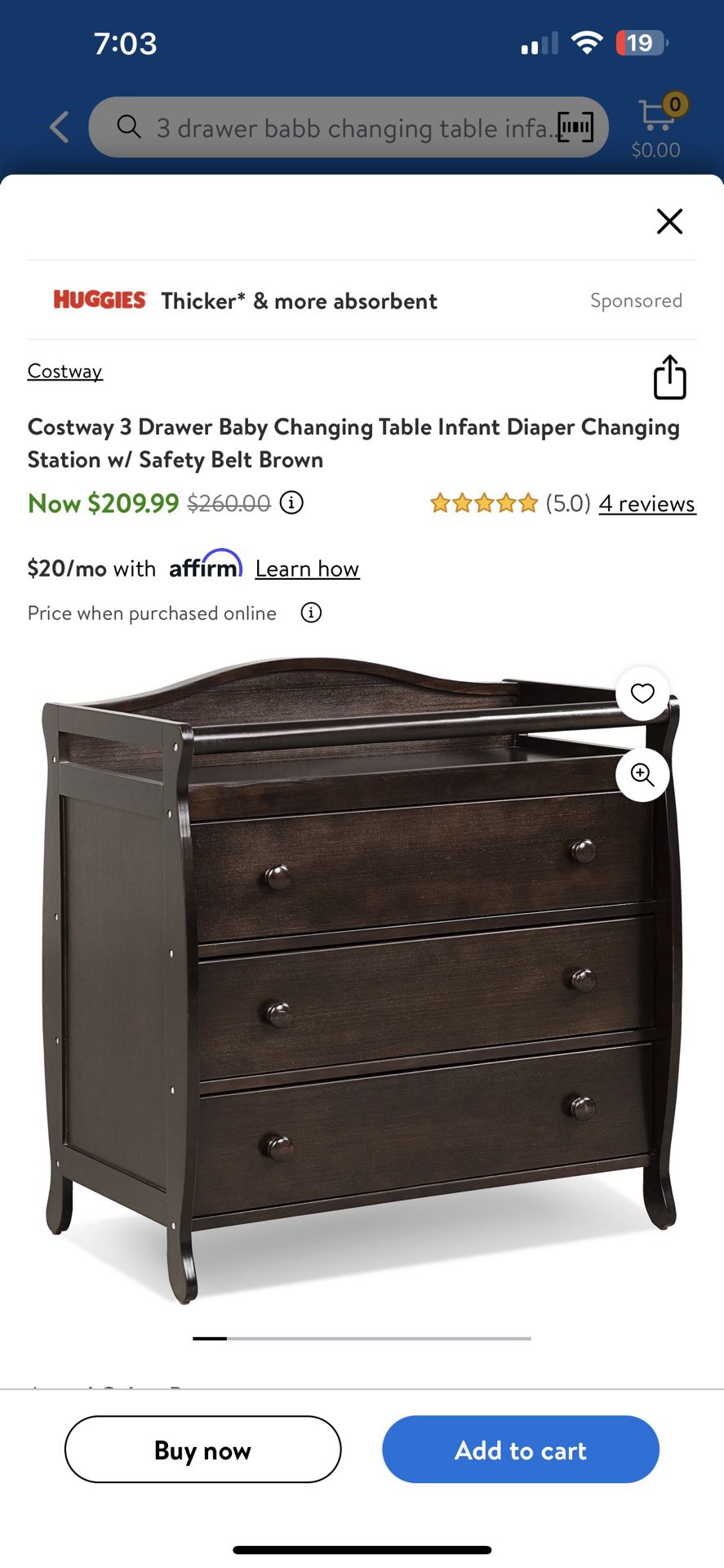 Costway 3 Drawer Baby Changing Table Infant Diaper Changing Station w/ Safety Belt Brown