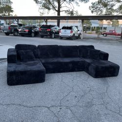 Boneless Black Corduroy U Shaped Sectional  ( Can Deliver For $10 )