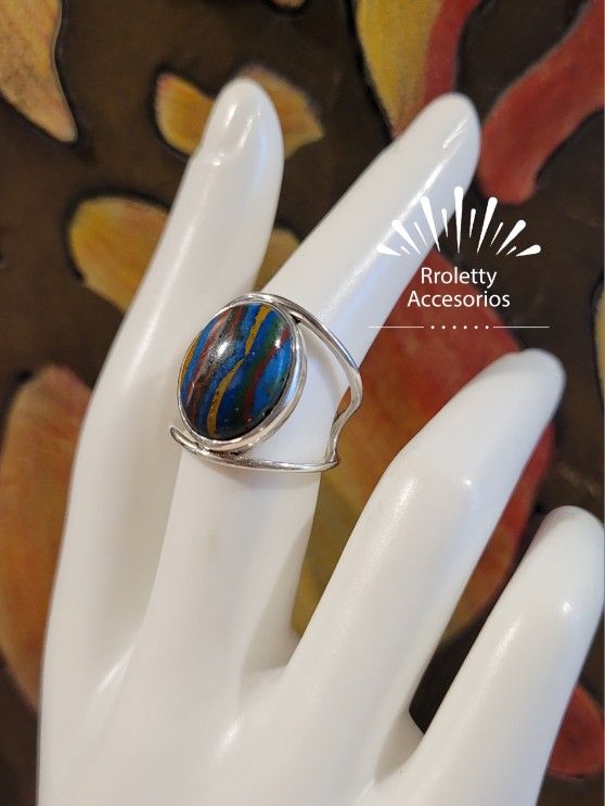 Sterling Silver 925 Ring Rainbow Oval Stone
