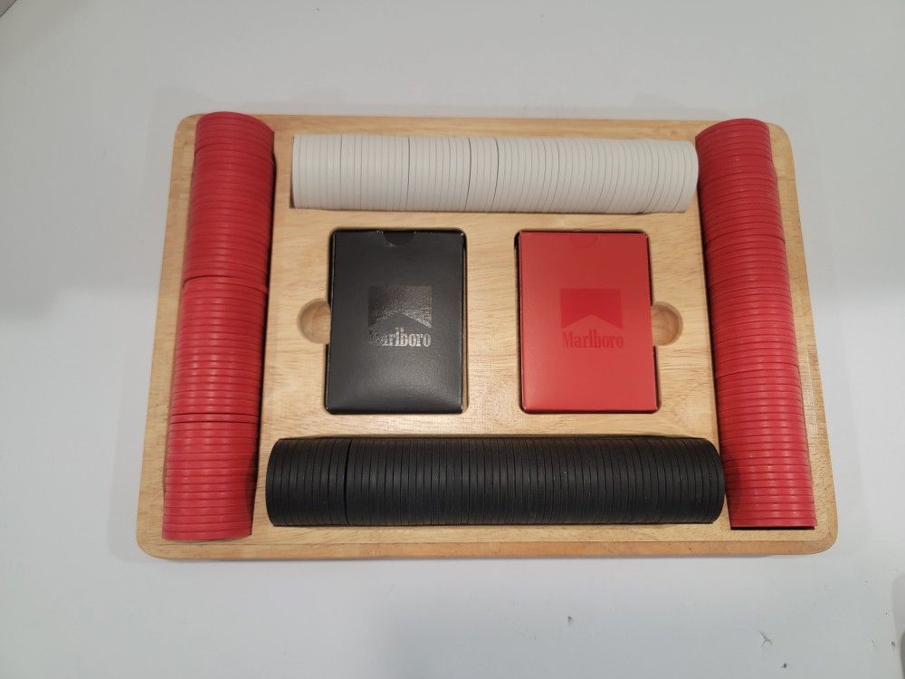 Vintage Marlboro Poker Chip Set - Holds 2 Card Decks & Poker Chips Wood Oak Case