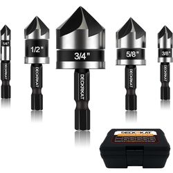 5 Pcs Countersink Drill Bit Set, 82 Degree, 5Flute with 1/4” Quick Change Hex Shank, Sizes 1/4” to 3/4” for Metal, Wood & Plastic, Ideal for Carpentry