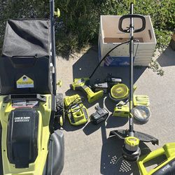RYOBI 18V Lawn Tool Bundle – Brushless Mower, Whisper Trimmer, Blower, 3 Batteries, Charger + Extras