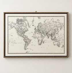 Framed World Map Atlas Wall Art- Needlepoint Artwork Picture