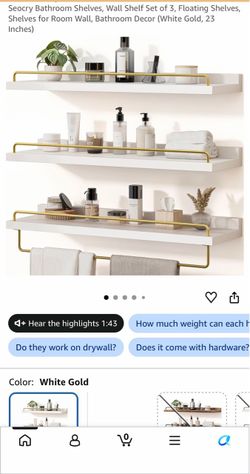 Seocry Floating Wall Shelves Set of 3 White Gold