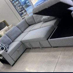 ✅️✅️4 pc Grey boucle fabric sectional sofa with storage chaise and love seat and pop up sleep area in center drop down tray tables✅️✅️✅️