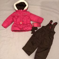 NEW pink winter jacket, bib snow pants, fleece mittens for baby 18 months