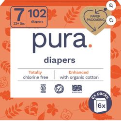 102 Pack Of Pura Size 7 Eco-Friendly Diapers (33+lbs) Hypoallergenic, TCF, Soft Organic Cotton, Sustainable, up to 12 Hours Leak Protection,