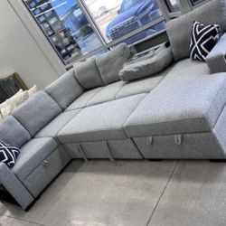 ✅️✅️4 pc Grey boucle fabric sectional sofa with storage chaise and love seat and pop up sleep area in center drop down tray tables✅️✅️