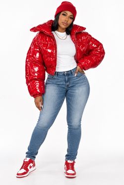 Red Glossy Cropped Puffer Jacket