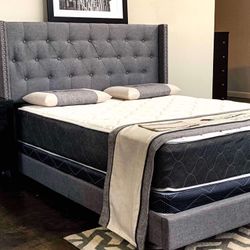 Brand New King Size Grey Tuffed Bed Frame With New Mattress Set/Fast Delivery 