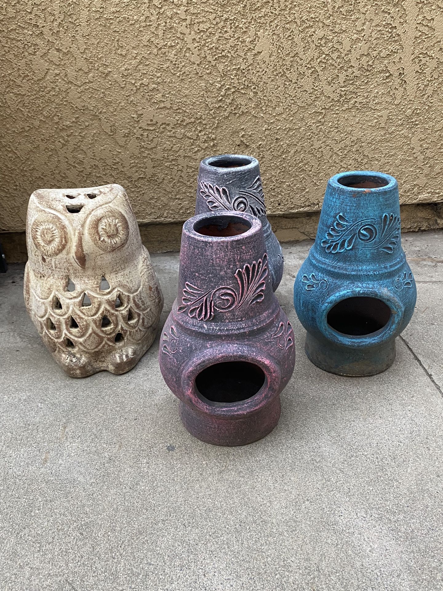 Set Lot Of 4 Outdoor Candle Light Clay Lanterns Chimney Owl