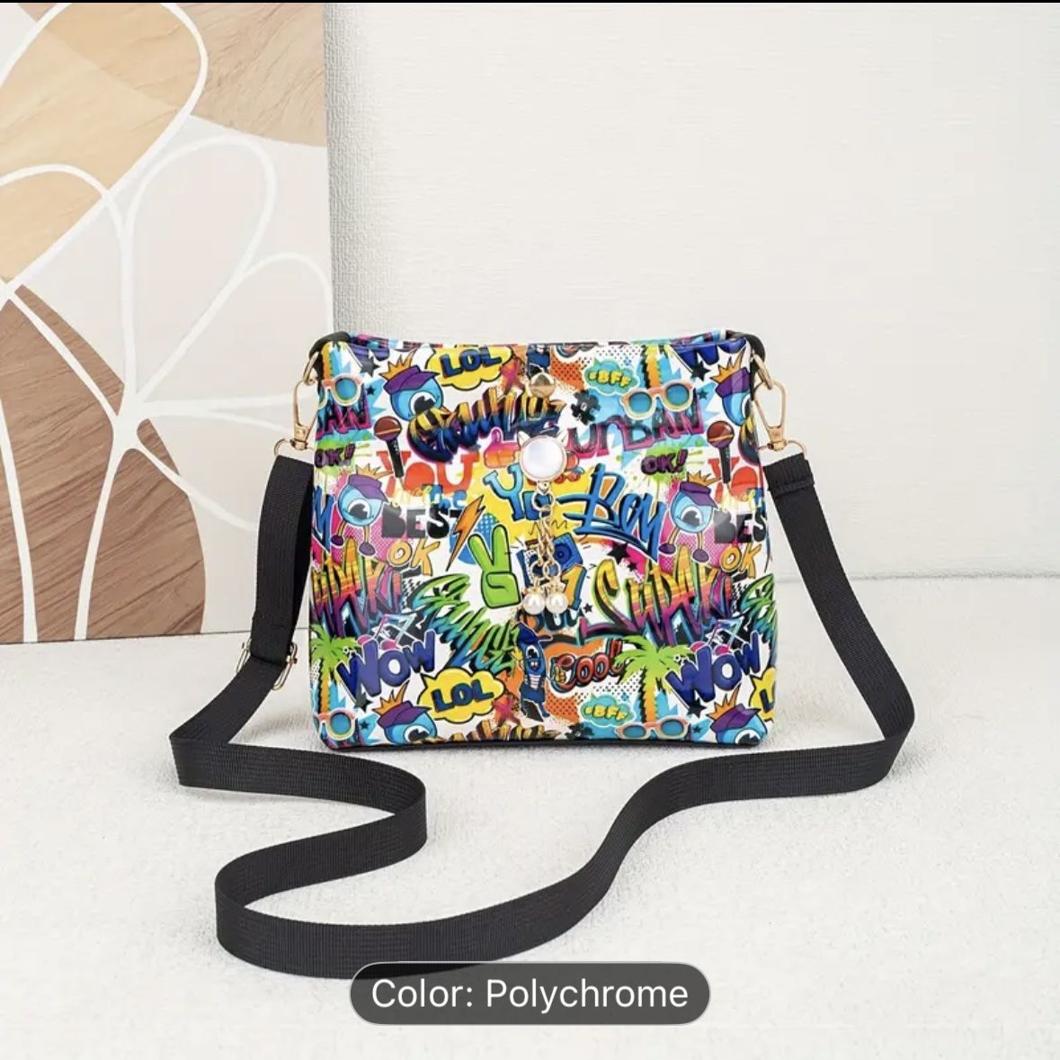 Trendy Hip-Hop Style Women's Shoulder Bag with Soft Sequin Accents, Lightweight Cartoon Graffiti Design