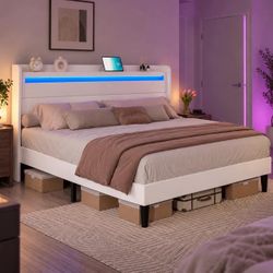 🔥 king size bed frame with LED light and charging hub  brand new in box cama king size P-11