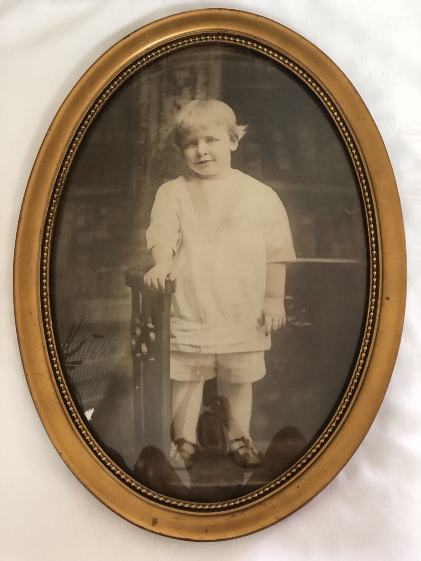 Antique Oval Portrait ~ Small Boy ~ Bubble Dome Glass ~ Beaded Gold Gilt Frame