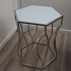 Hexagon Chrome End Table With White Glass Top