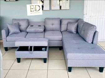 Gray Sectional Sofa with Ottoman and Chaise