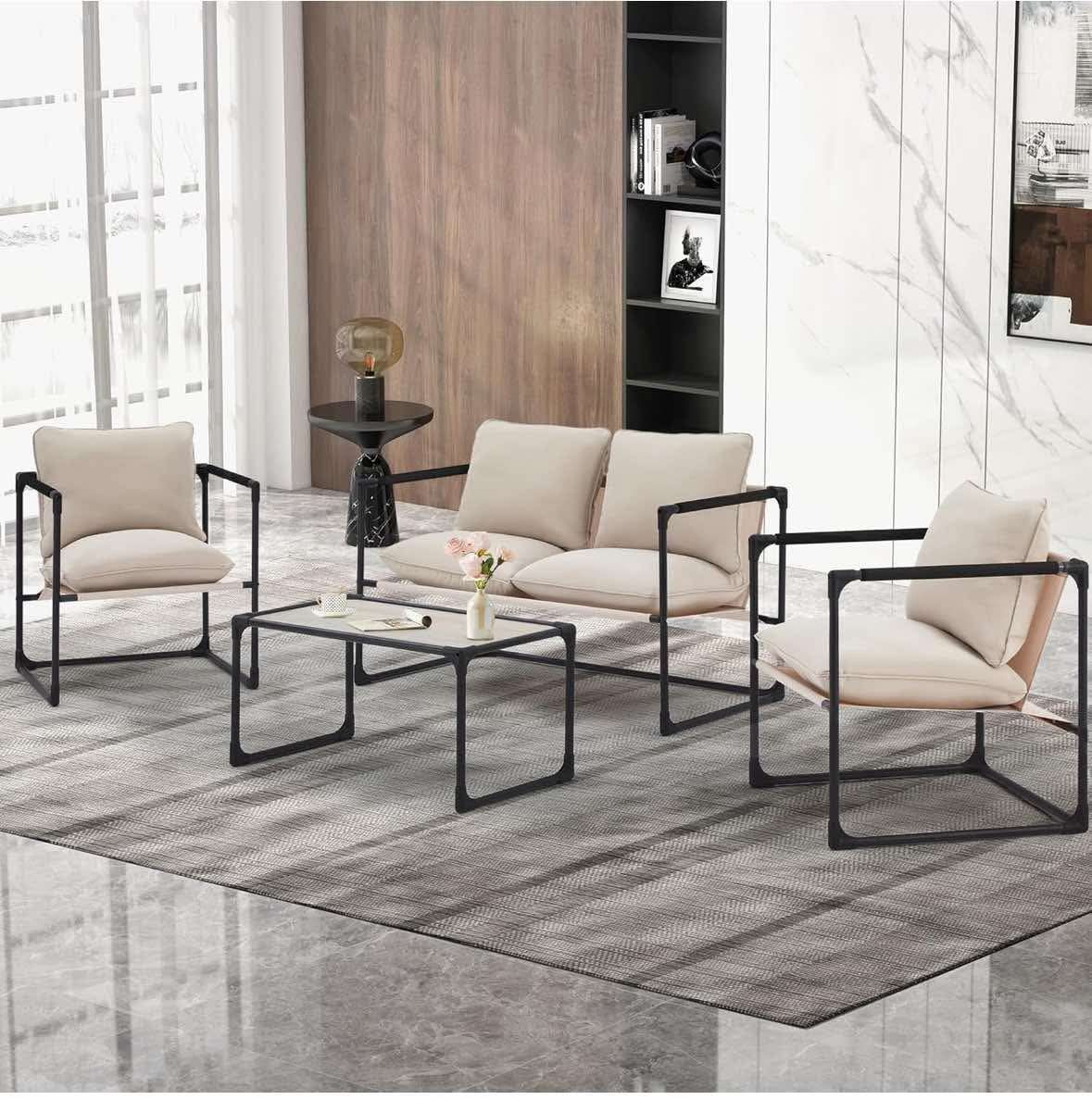 [NOT FOR HEAVY DUTY]Living Room Furniture Sets, 4-Piece Table & Armchair Set w/Metal Frame and Soft Cushion, Mid-Century Modern Accent Chair Set for L