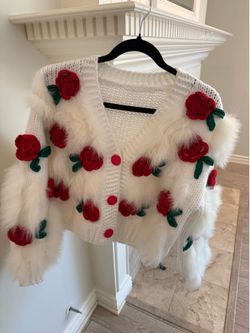 White Rose Embellished Faux Fur Knit Cardigan | Cute Coquette Fairy Style