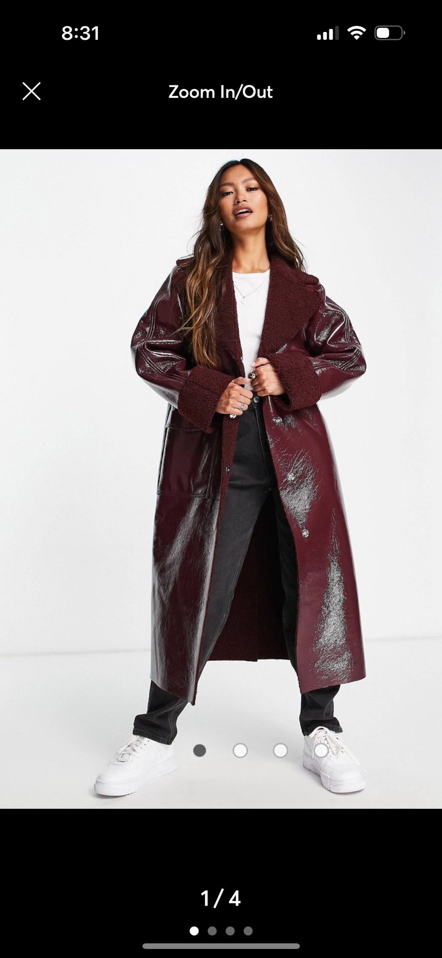 Topshop vinyl & sherpa long coat in burgundy