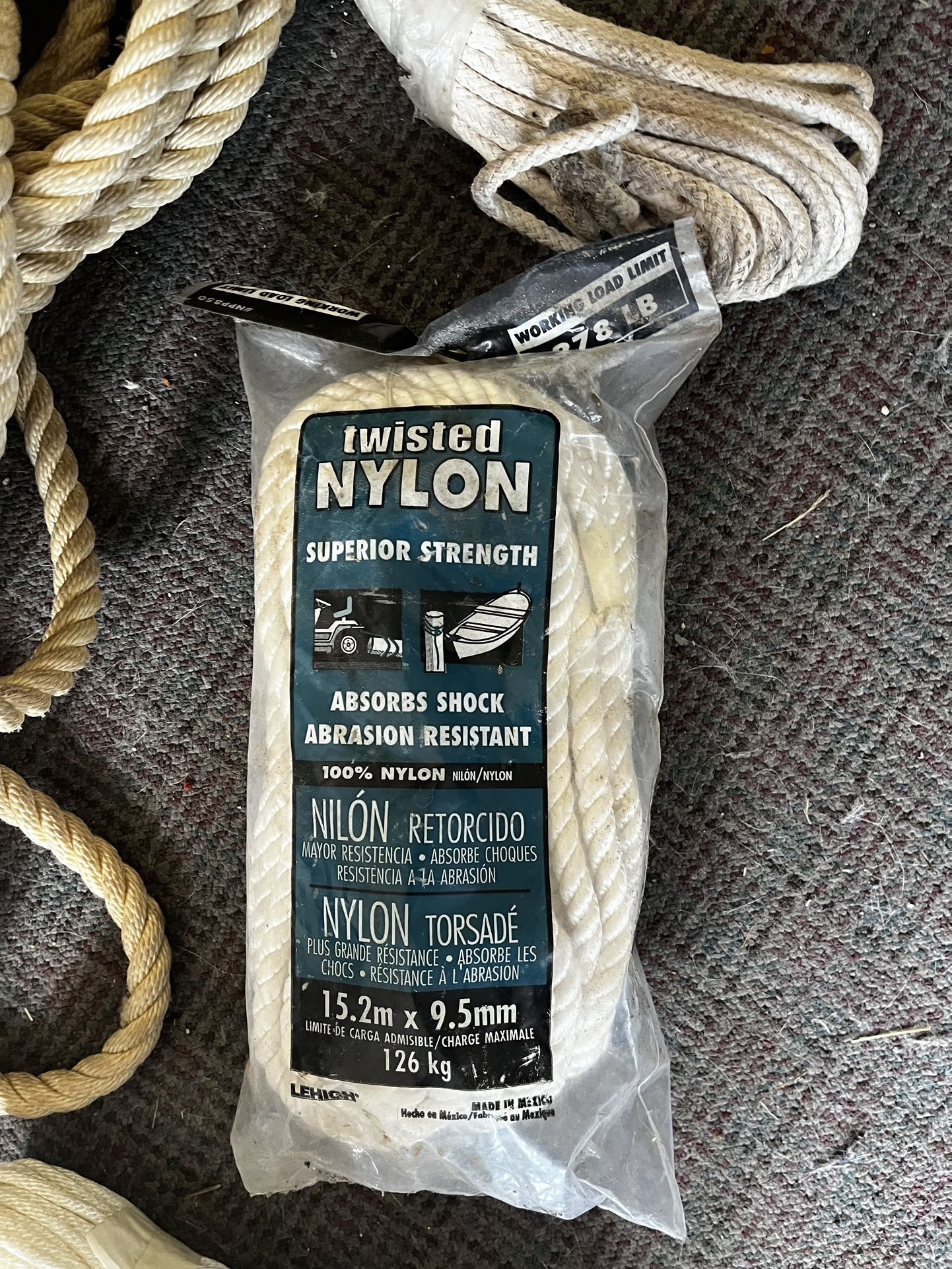 3/8inx50ft Twisted Nylon Rope White NPP850 278lb Working Load Limit